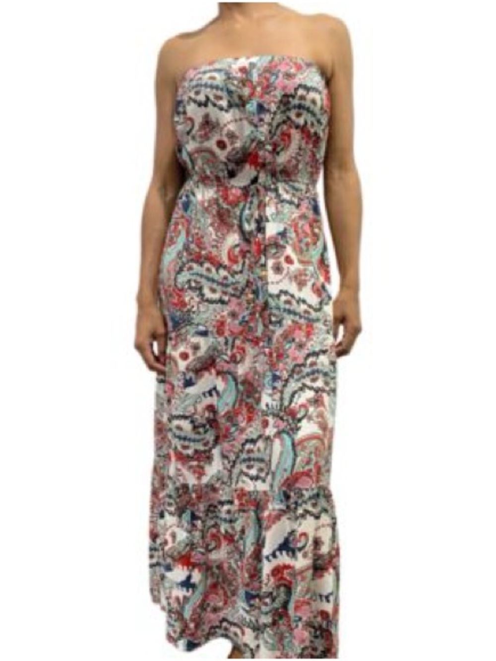 Gypsies & Moondust Strapless Paisley Maxi Dress - White, Red, Blue